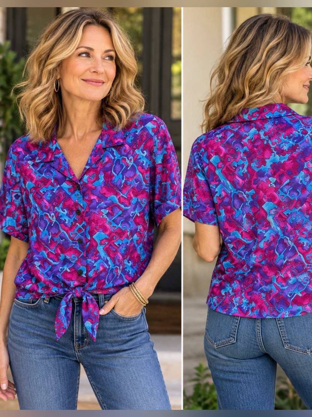 Koret VTG Womans Retro 80-90's Artsy Festival Jewel-Tone Maximalist Top Size Med